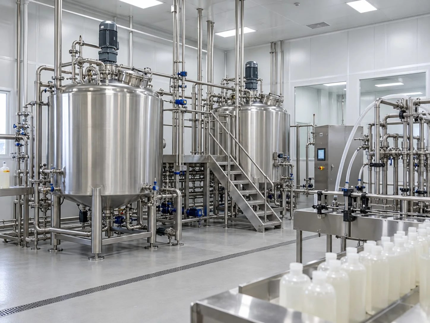 Bulk liquid mixing tanks and bottle filling equipment in a personal-care production area