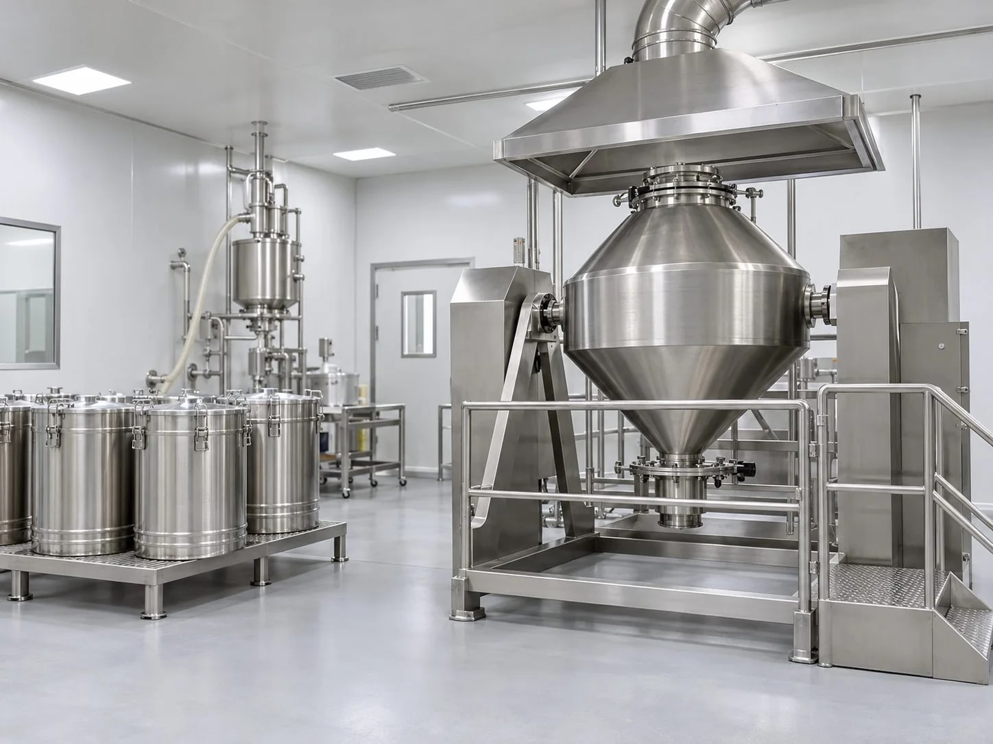 Enclosed cosmetic-powder processing equipment with cleanable room surfaces
