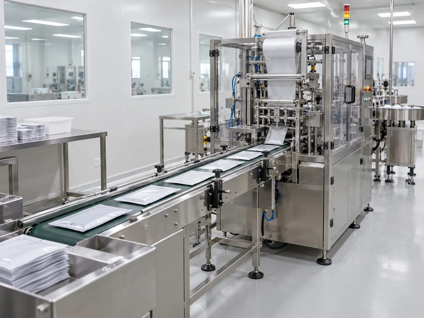 Sachet filling conveyor with organised material and operator access