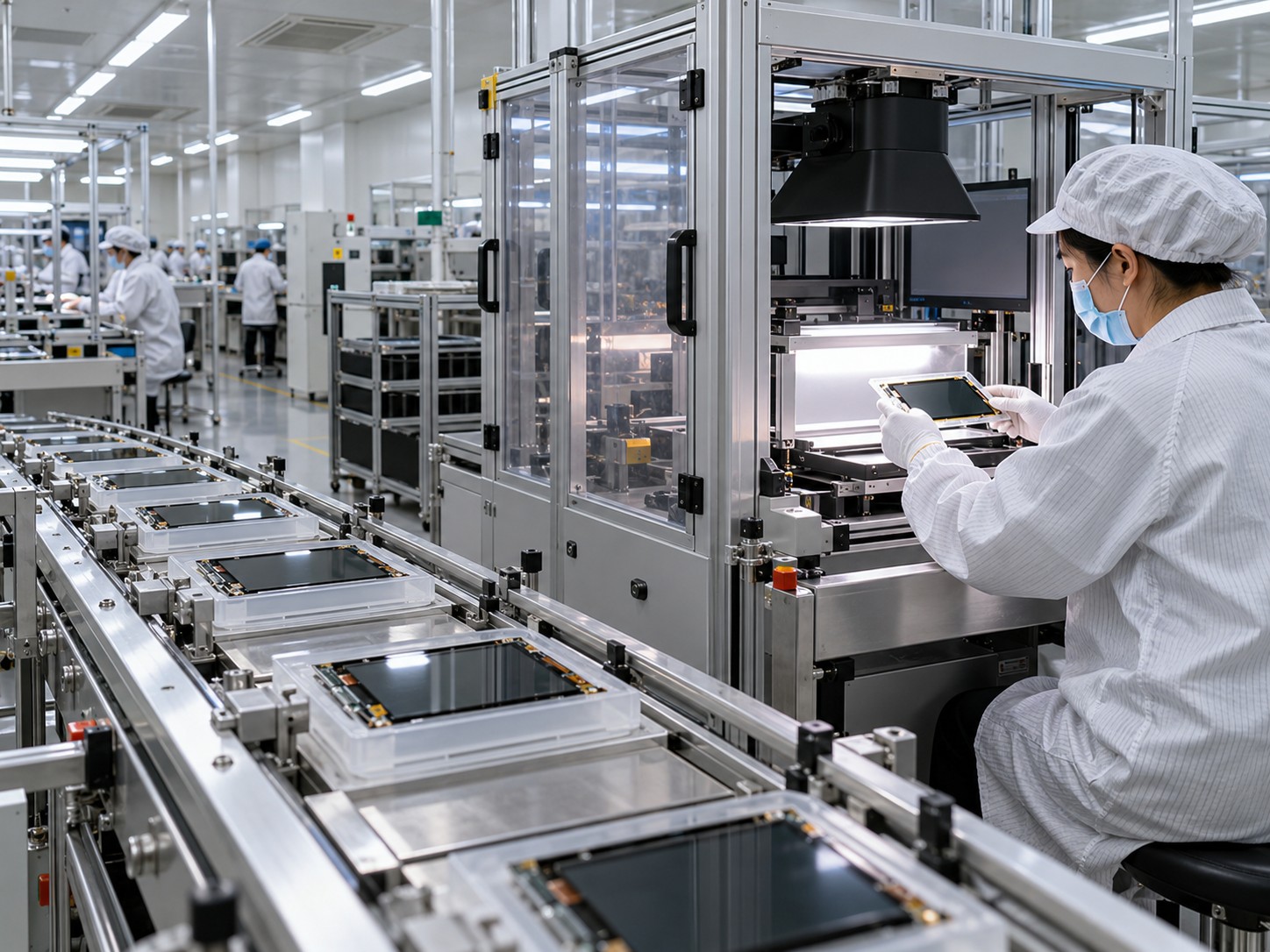 Display-module assembly and optical inspection conveyor with protected module trays