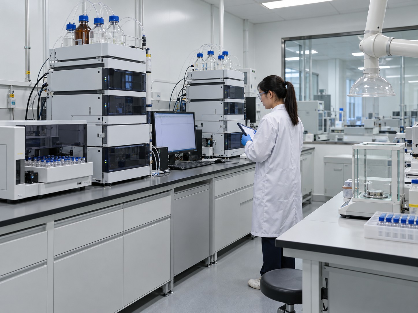 Liquid-chromatography instruments and an analytical balance at a laboratory workstation.