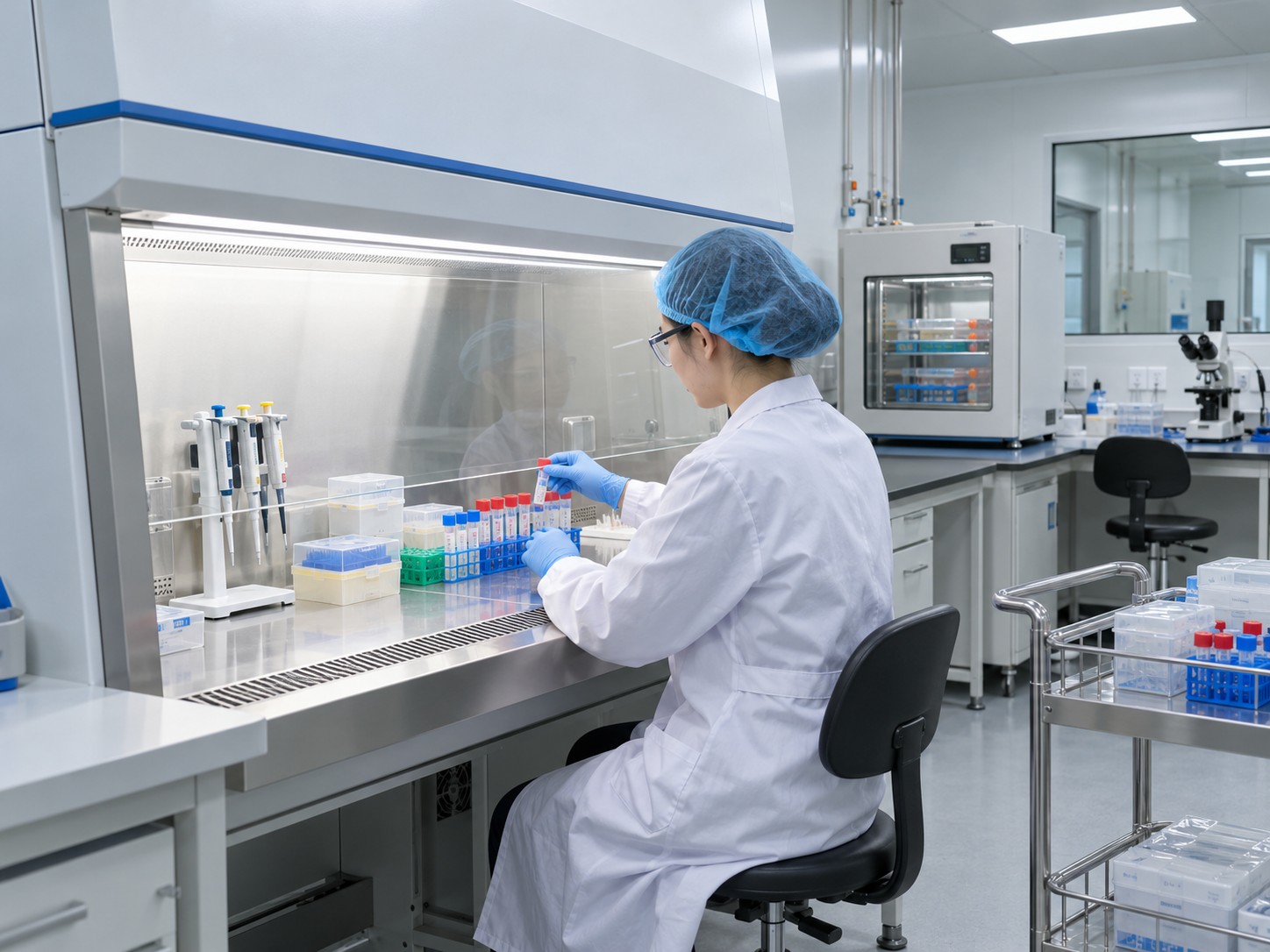 Technician organizing closed sample tubes at a laboratory clean bench.