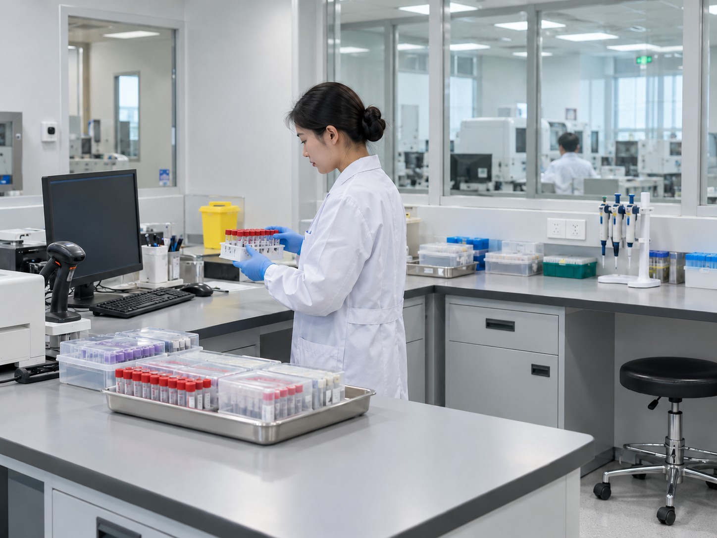 Technician sorting sealed sample racks at a laboratory reception and preparation workstation.