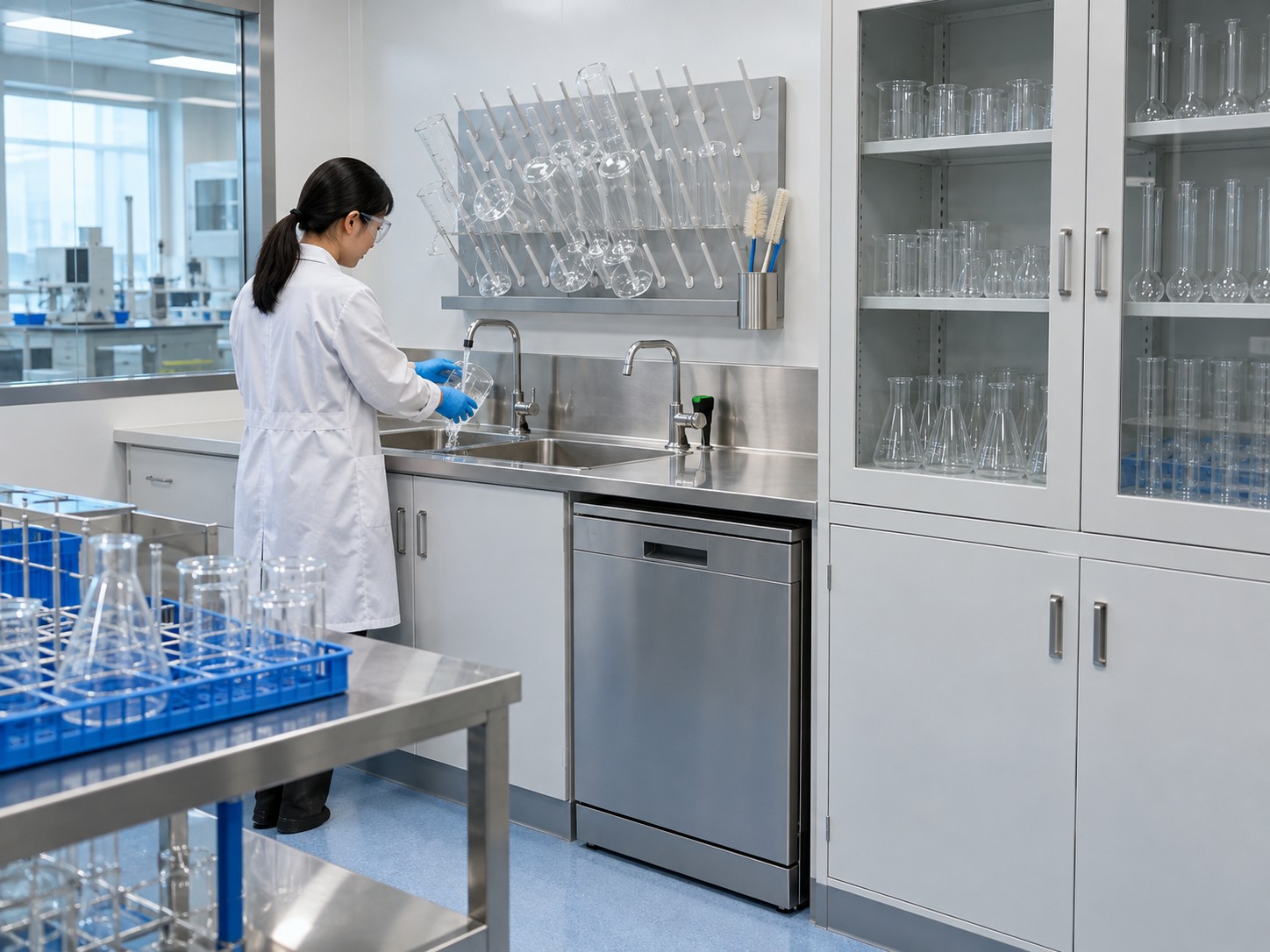 Laboratory wash-up area with a double sink, glassware drying rack and closed storage.
