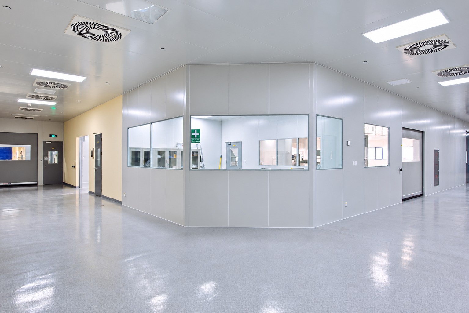 Pharmaceutical workshop partitions with observation windows and ceiling service fittings