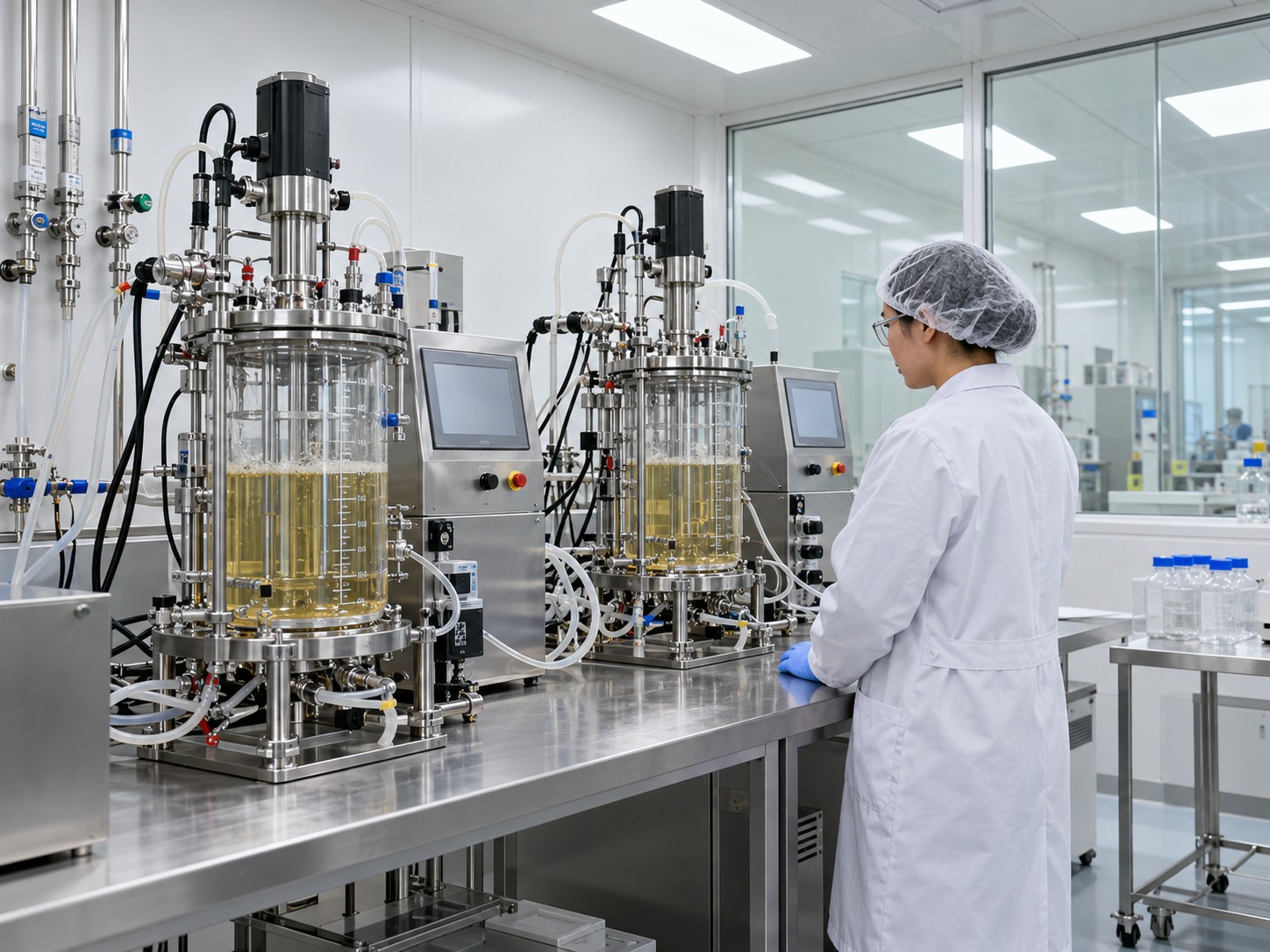 Pilot-scale bioreactor equipment and service connections in a biotechnology process room