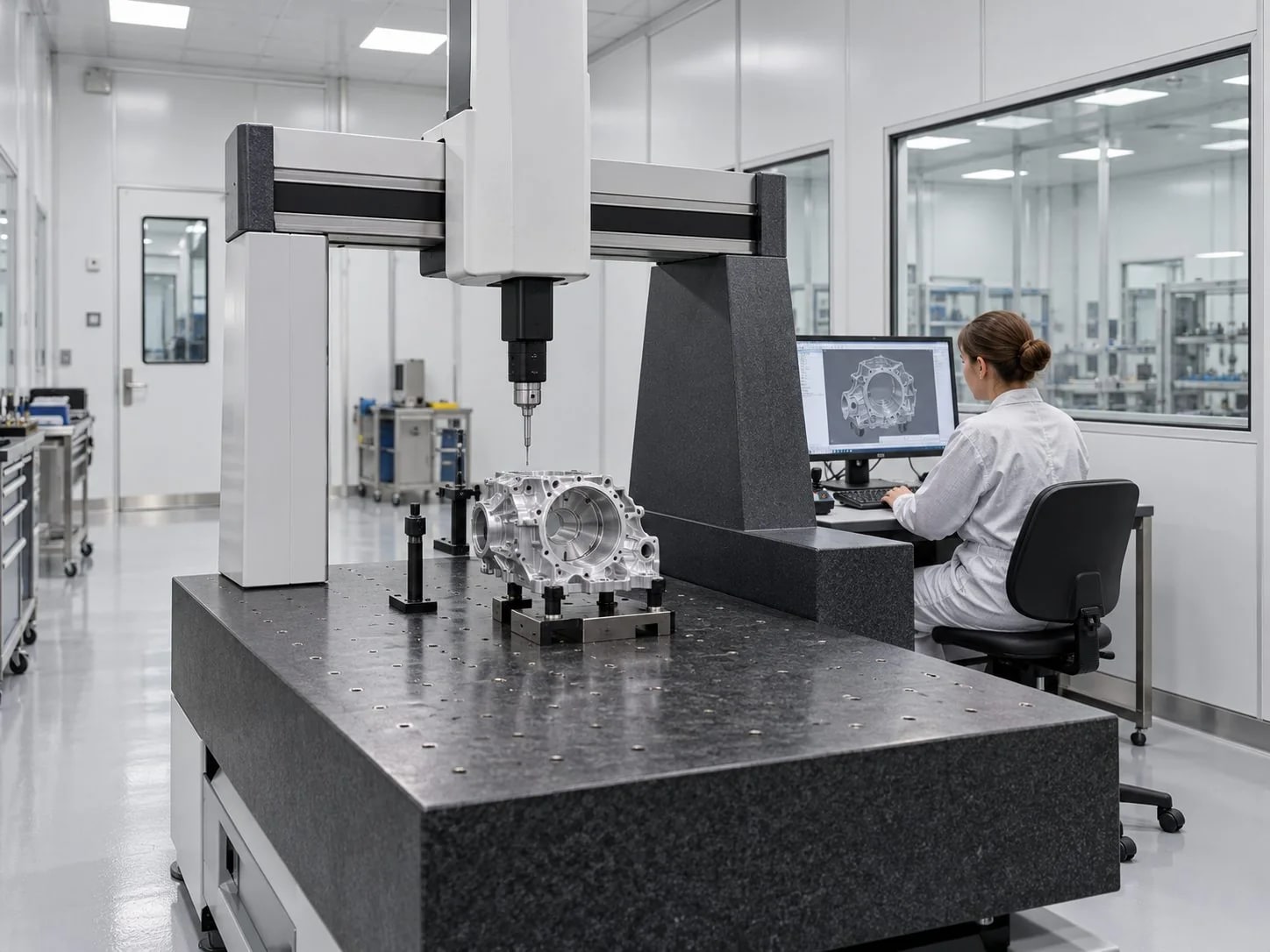 Coordinate measuring equipment inspecting a machined component in a clean workspace