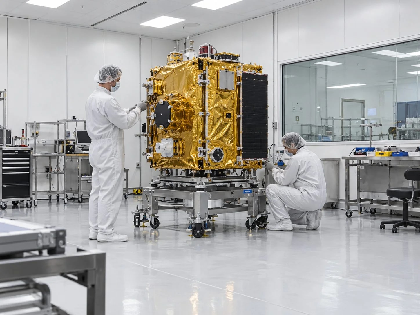 Technicians working around a satellite-sized payload assembly in a clean integration workspace