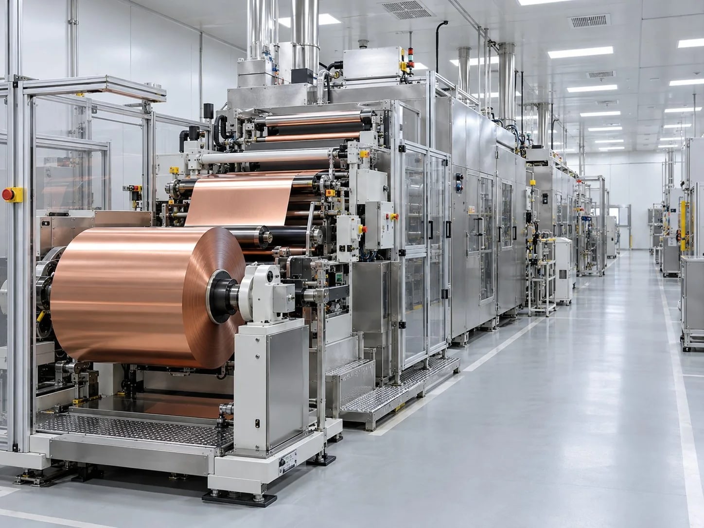 Enclosed electrode-processing line with metal foil rolls and accessible maintenance space