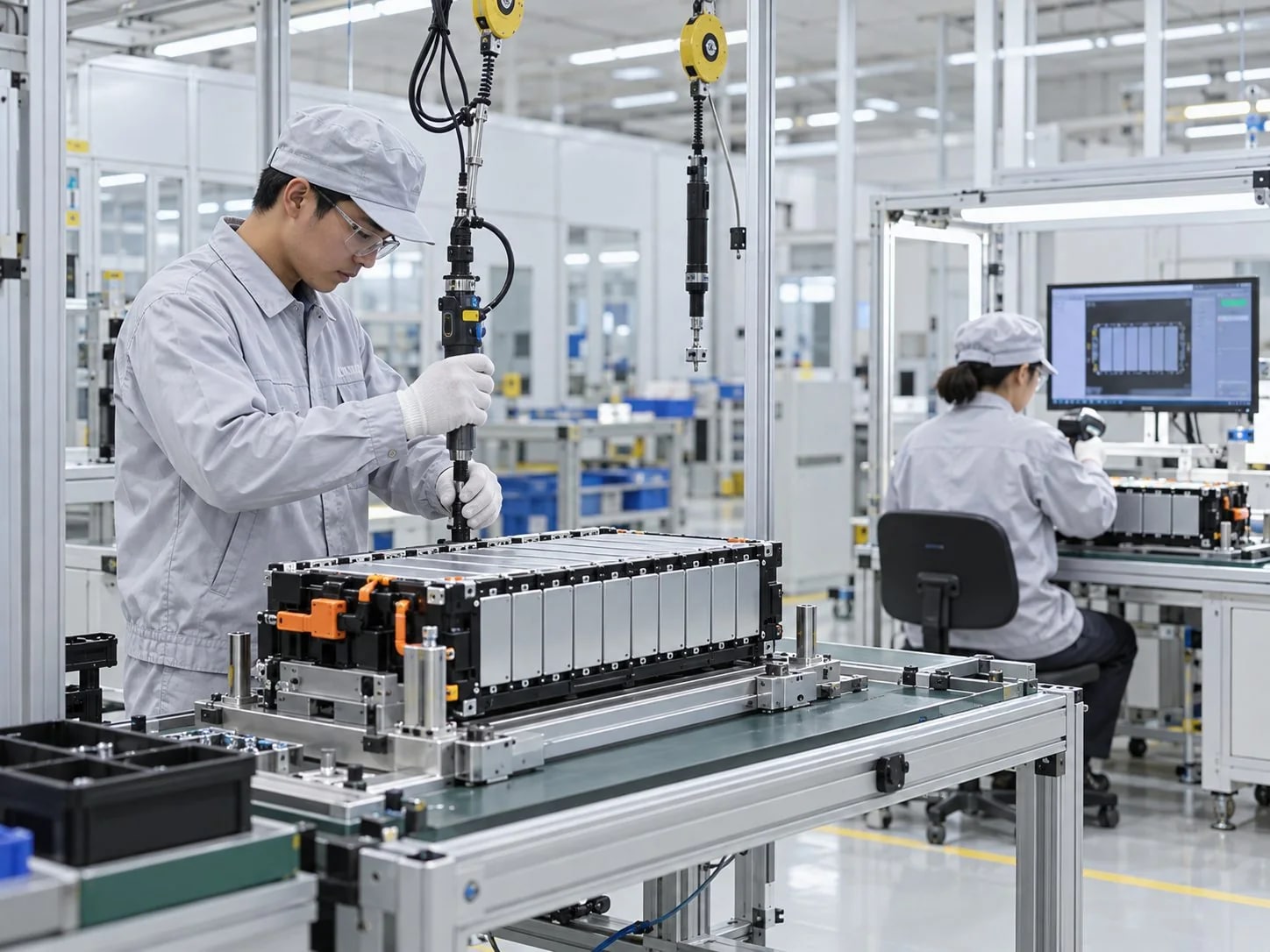 Battery-module assembly workstations with component handling and inspection space