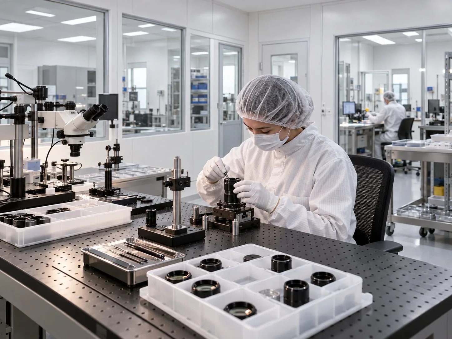 Precision optics assembly bench with protected lenses and organised handling tools