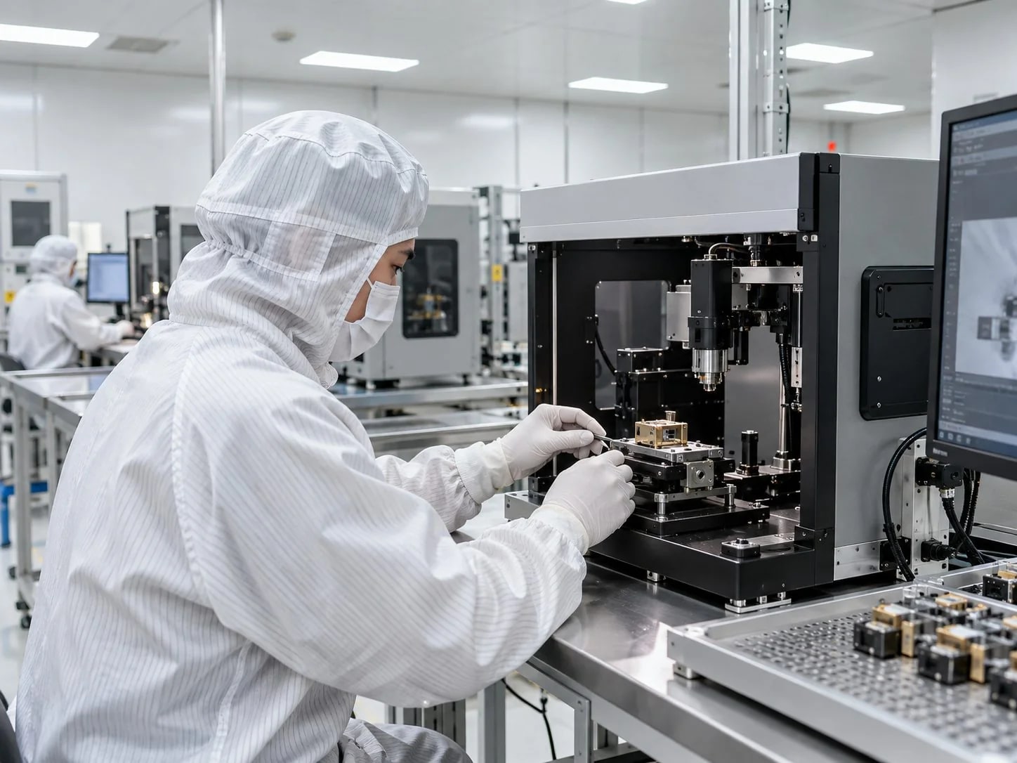 Optoelectronic module assembly equipment with component trays and service access