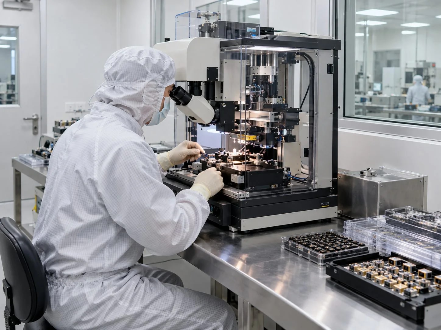 Photonic-device packaging workstation with a microscope and protected component trays