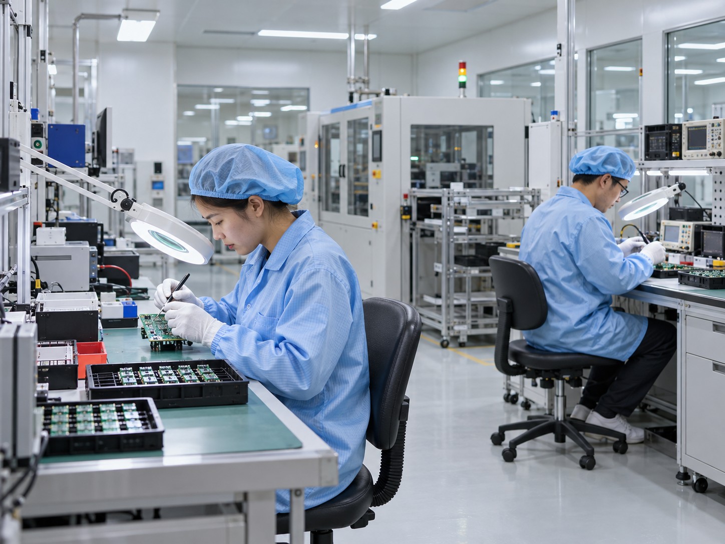 Electronic assembly benches and functional testing stations in a controlled production room