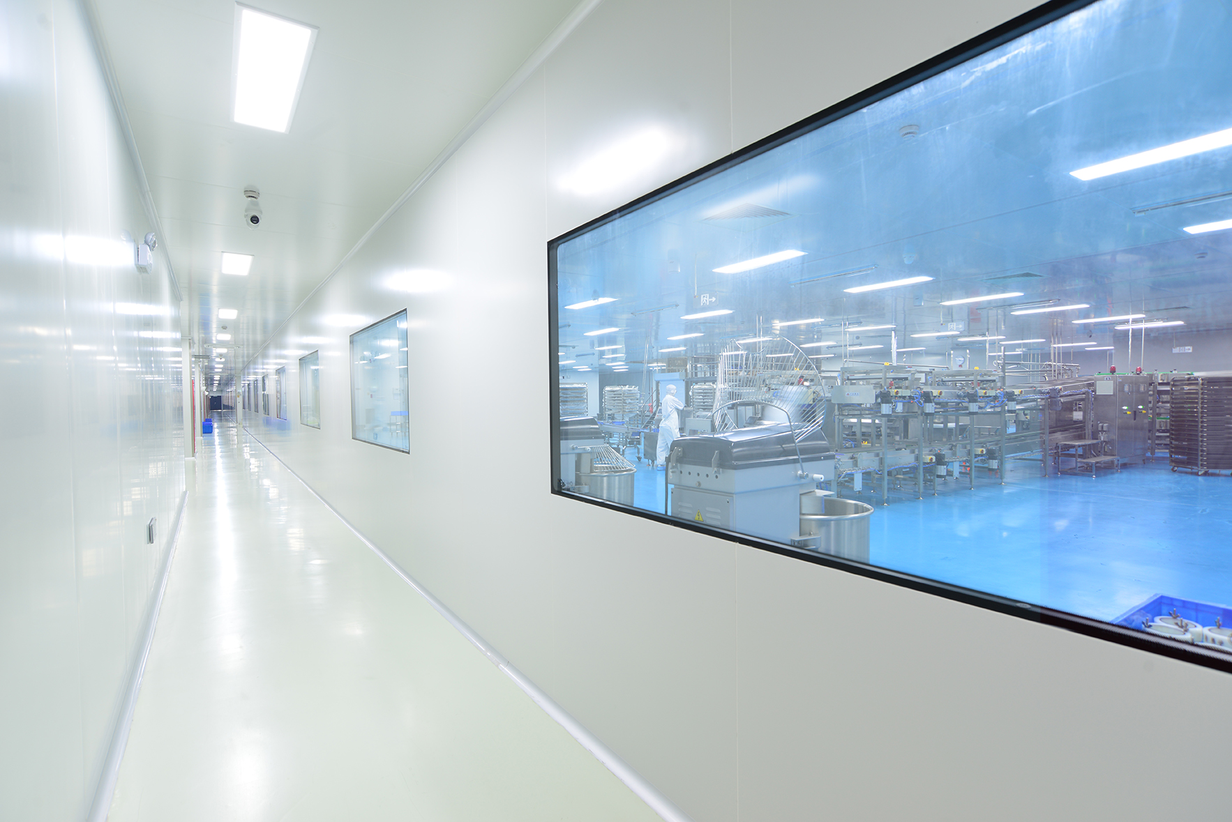 Large framed observation windows beside a corridor with ceiling lights and a blue floor
