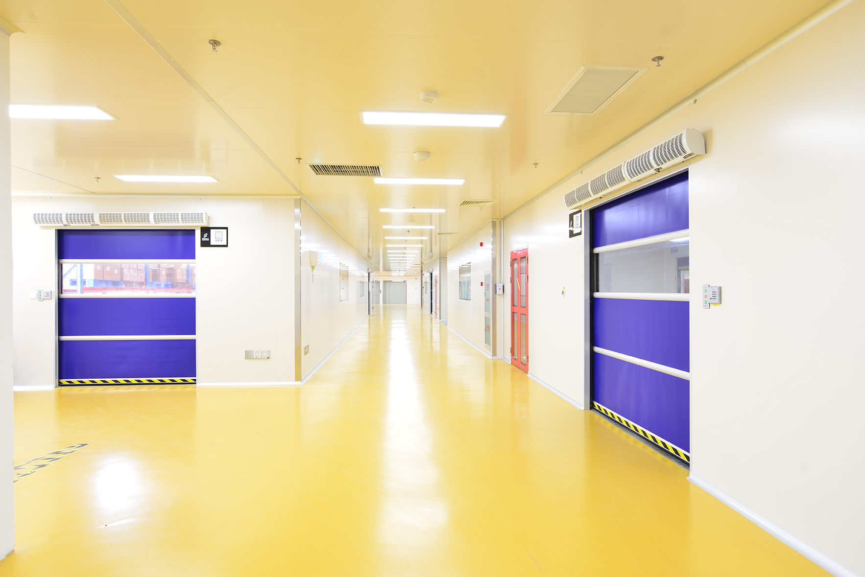 Cleanroom corridor with blue doors